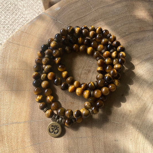 POWER OHM Tigerøye Mala Armbånd