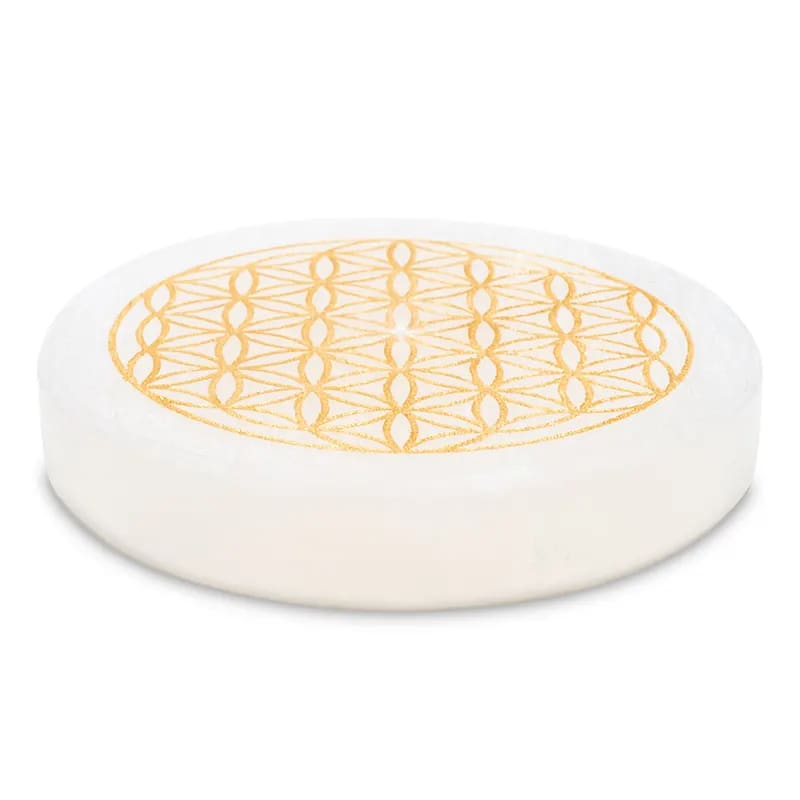 FLOWER OF LIFE Røkelsesholder Selenitt Rund-the-feelgood-shop