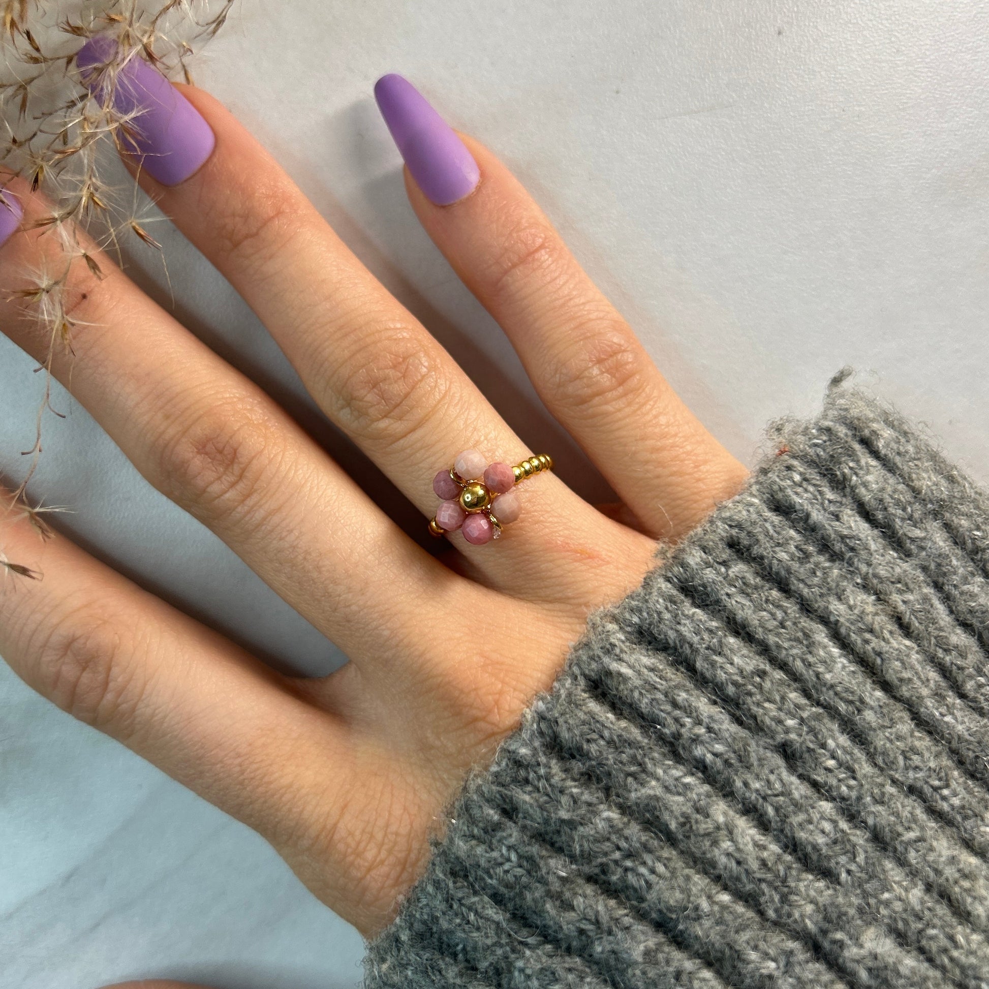 FLOWER Krystall Ring, Justerbar, Rosa turmalin-the-feelgood-shop