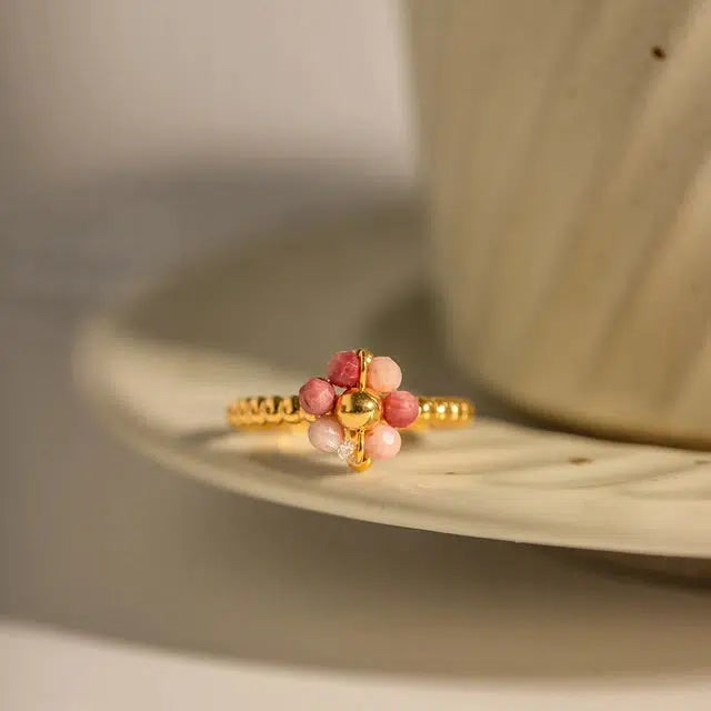 FLOWER Krystall Ring, Justerbar, Rosa turmalin-the-feelgood-shop